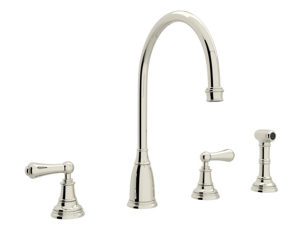Perrin & Rowe&reg; Polished Nickel 4-Hole Column Spout Kitchen Faucet with Double Lever Handle 
