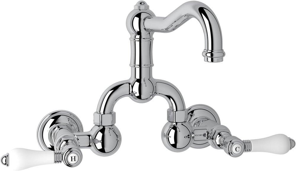 ROHL&reg; Polished Chrome Wall Mount Bridge Bathroom Sink Faucet with Double Porcelain Lever Handle 