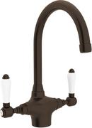 1-Hole Column Spout Kitchen Faucet with Double Porcelain Lever Handle in Tuscan Brass