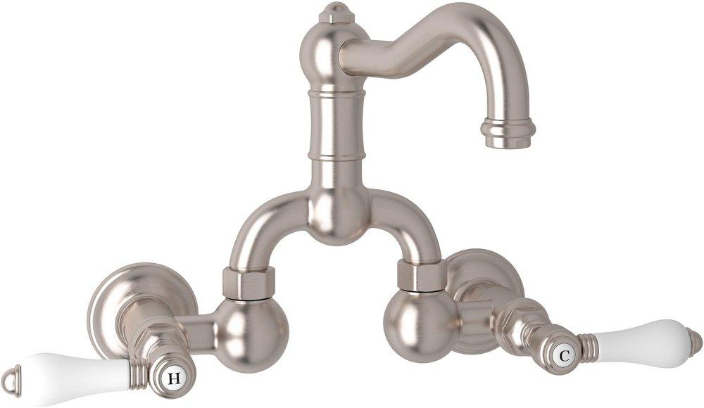 ROHL&reg; Satin Nickel Wall Mount Bridge Bathroom Sink Faucet with Double Porcelain Lever Handle 