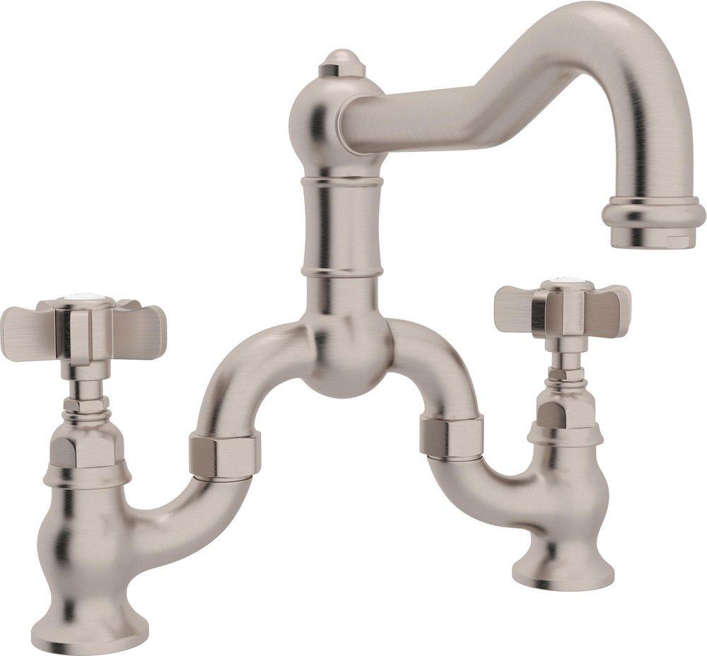 ROHL&reg; Satin Nickel Bridge Kitchen Faucet with Double Five Spoke Handle 