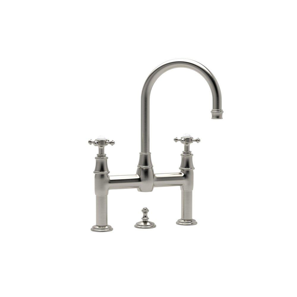Perrin & Rowe&reg; Satin Nickel 2-Hole Deckmount Bridge Lavatory Faucet with Double Cross Handle 