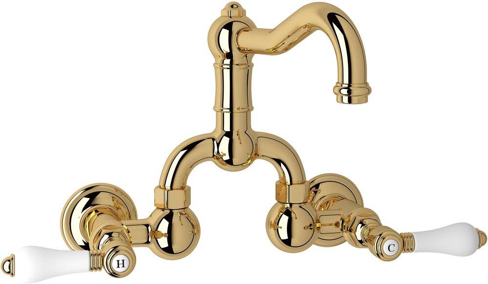ROHL&reg; Inca Brass Wall Mount Bridge Bathroom Sink Faucet with Double Porcelain Lever Handle 