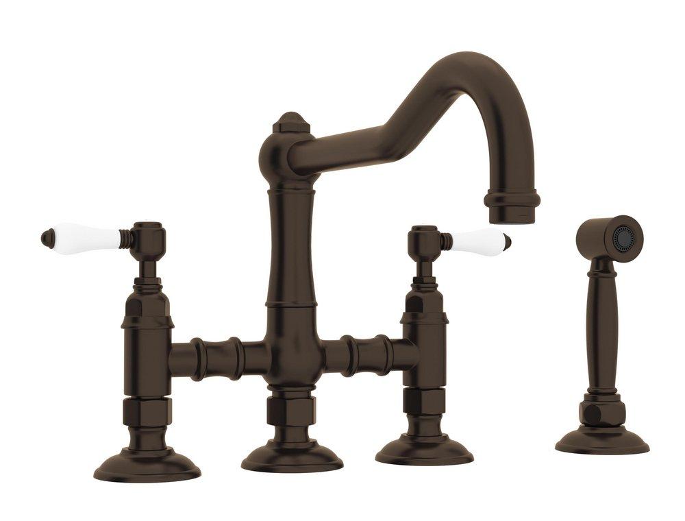 ROHL&reg; Tuscan Brass 4-Hole Bridge Kitchen Faucet with Double Porcelain Lever Handle and Sidespray 