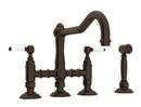 ROHL&reg; Tuscan Brass 4-Hole Bridge Kitchen Faucet with Double Porcelain Lever Handle and Sidespray 