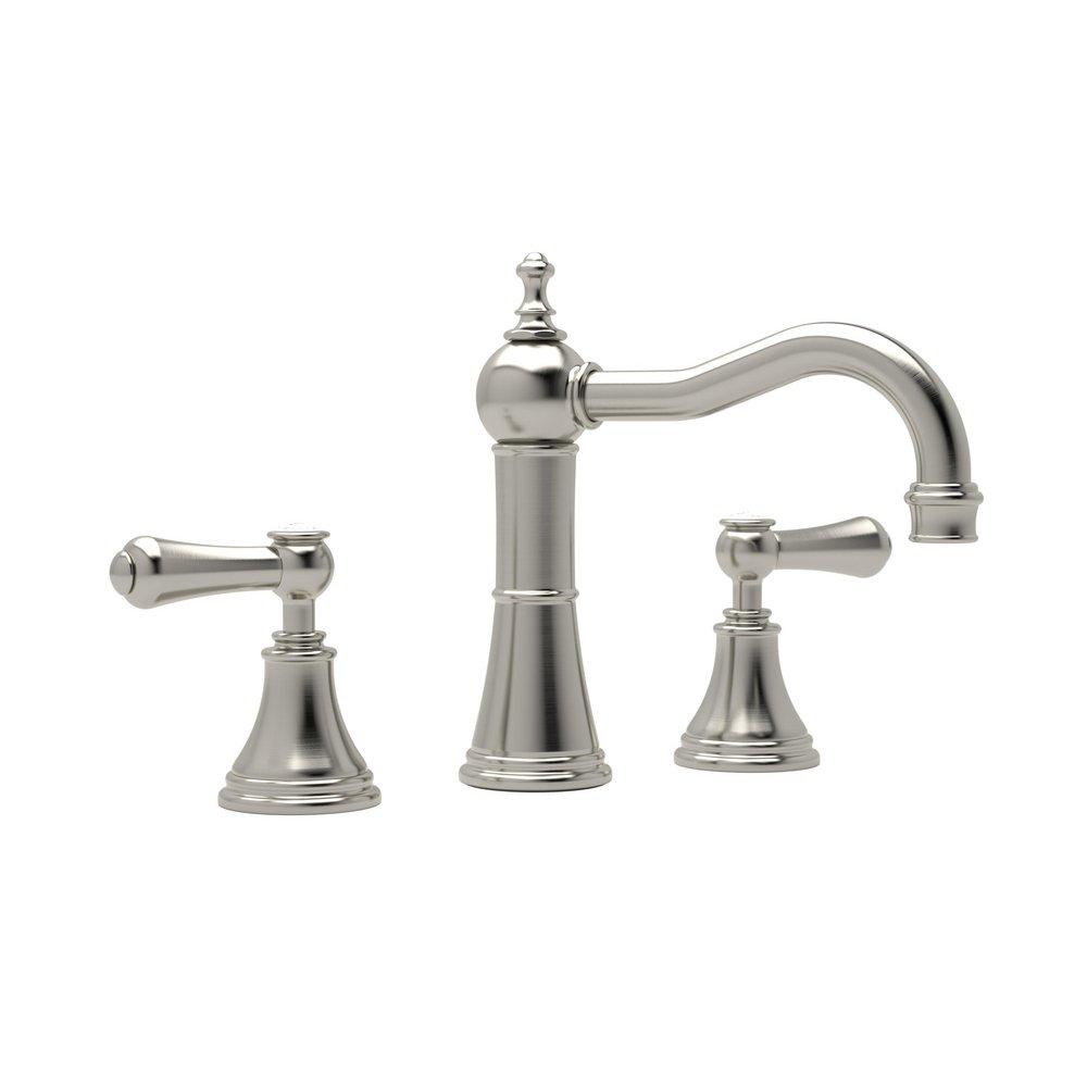 Perrin & Rowe&reg; Satin Nickel 1.2 gpm 3-Hole Deckmount Widespread Lavatory Faucet with Double Metal and Porcelain Lever Handle 