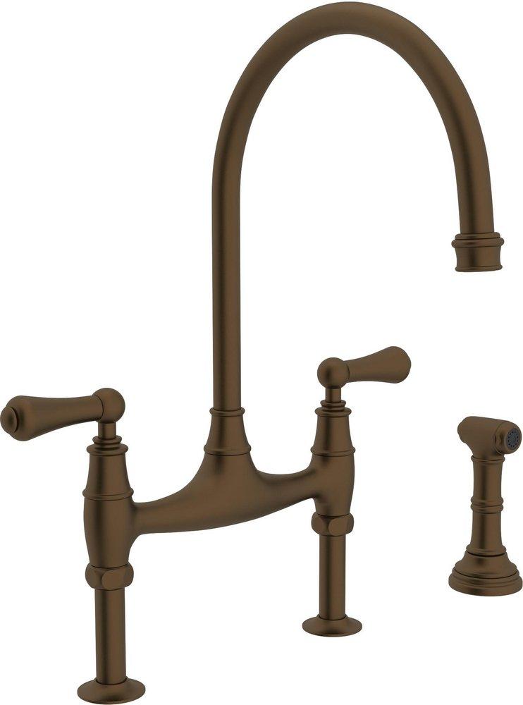 Perrin & Rowe English Bronze Two Handle Bridge Kitchen Faucet with Side Spray 