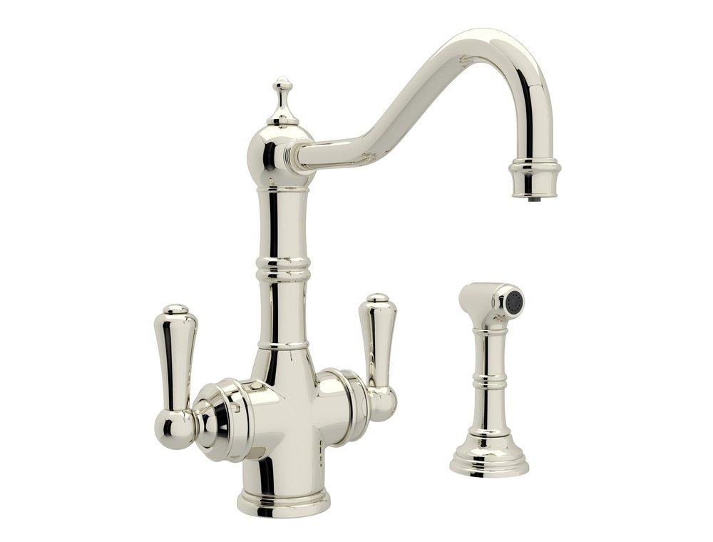Perrin & Rowe&reg; Polished Nickel 2-Hole Filtration Kitchen Faucet with Double Lever Handle and Sidespray 