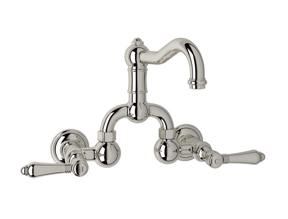 ROHL&reg; Polished Nickel Wall Mount Bridge Bathroom Sink Faucet with Double Metal Lever Handle 