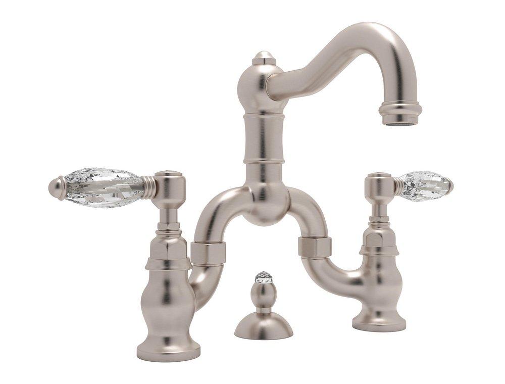 ROHL&reg; Satin Nickel Deckmount Bridge Bathroom Sink Faucet with Double Crystal Lever Handle 