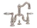 Deckmount Bridge Bathroom Sink Faucet with Double Crystal Lever Handle in Satin Nickel