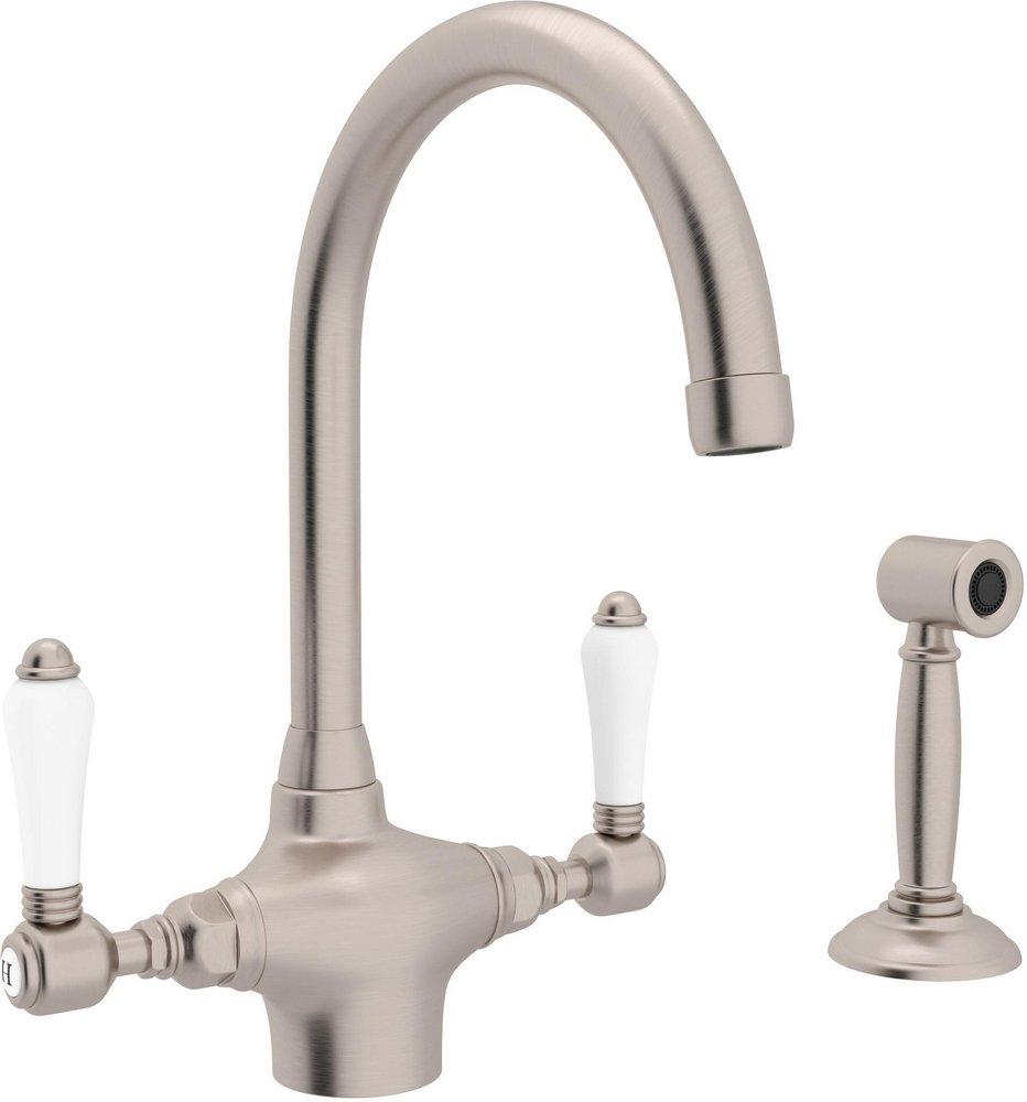 ROHL&reg; Satin Nickel 1-Hole Column Spout Kitchen Faucet with Double Porcelain Lever Handle and Sidespray 