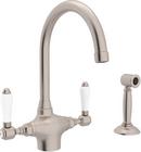 1-Hole Column Spout Kitchen Faucet with Double Porcelain Lever Handle and Sidespray in Satin Nickel