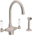 ROHL&reg; Satin Nickel 1-Hole Column Spout Kitchen Faucet with Double Porcelain Lever Handle and Sidespray 