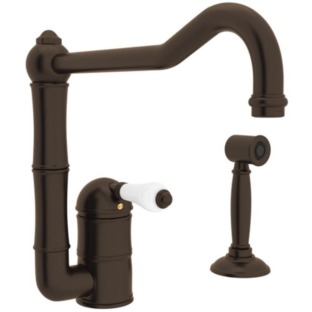 ROHL® Tuscan Brass 1-Hole Kitchen Faucet with Single Porcelain Lever Handle, Sidespray and 11 in. Column Spout 