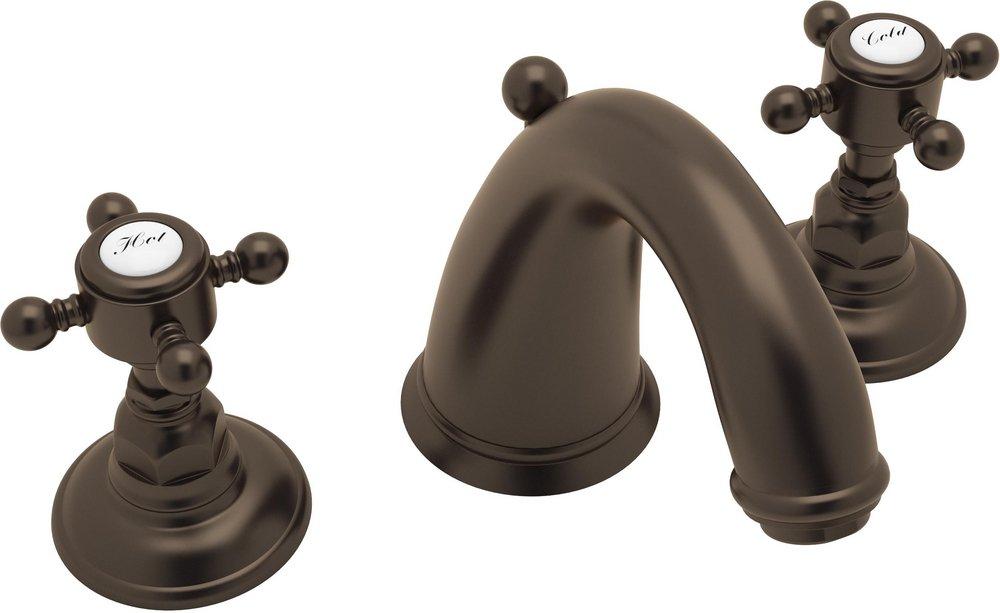 ROHL&reg; Tuscan Brass Deckmount Widespread Bathroom Sink Faucet with Double Crystal Cross Handle 