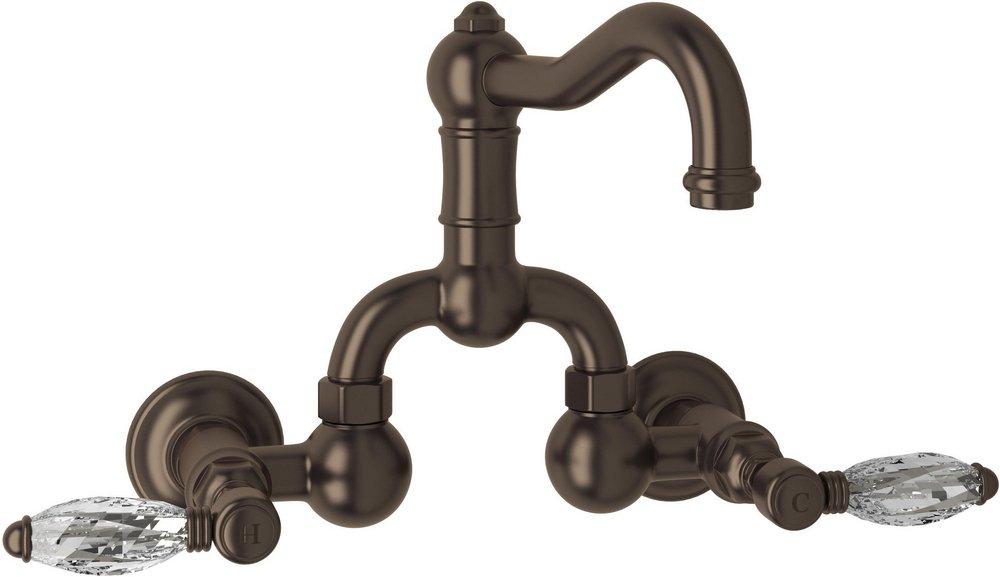 ROHL&reg; Tuscan Brass Wall Mount Bridge Bathroom Sink Faucet with Double Crystal Lever Handle 