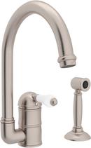 1-Hole Column Spout Kitchen Faucet with Single Porcelain Lever Handle and Sidespray in Satin Nickel