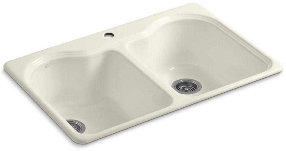 KOHLER Biscuit 33 x 22 in. 1 Hole Cast Iron Double Bowl Drop-in Kitchen Sink 