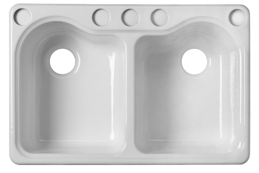 KOHLER White 33 x 22 in. 5 Hole Cast Iron Double Bowl Undermount Kitchen Sink 