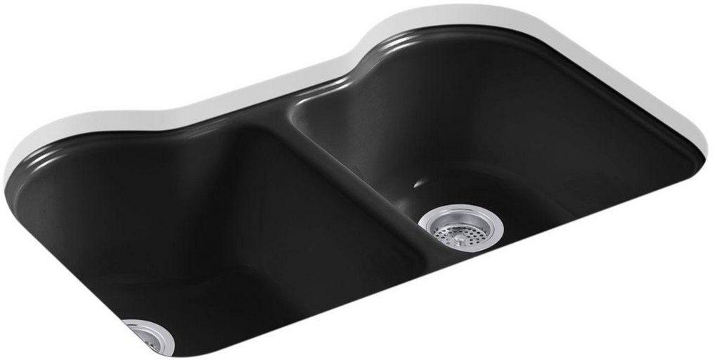KOHLER Black Black&trade; 33 x 22 in. 5 Hole Cast Iron Double Bowl Undermount Kitchen Sink 