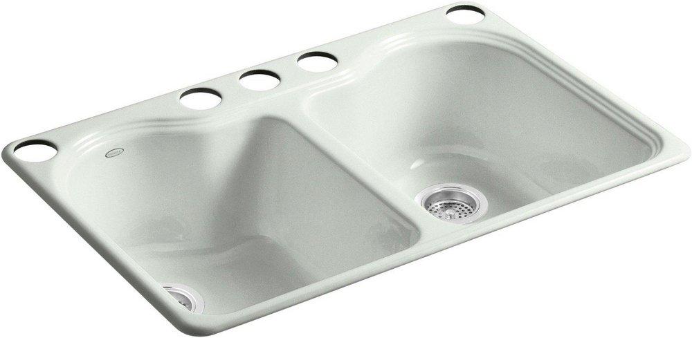 KOHLER Sea Salt&trade; 33 x 22 in. 5 Hole Cast Iron Double Bowl Undermount Kitchen Sink 