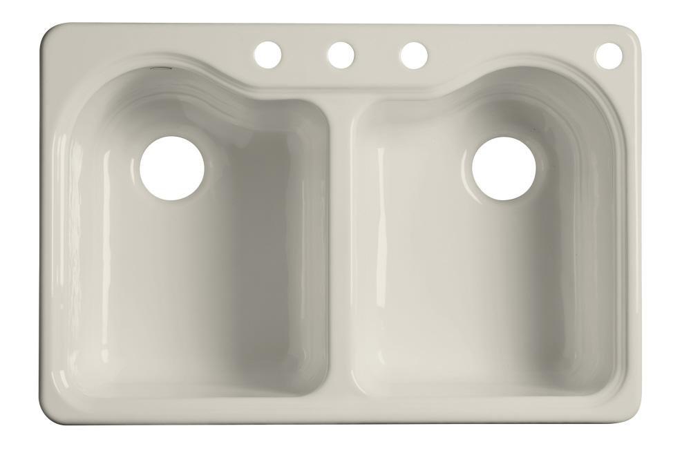 KOHLER Biscuit 33 x 22 in. 4 Hole Cast Iron Double Bowl Drop-in Kitchen Sink 