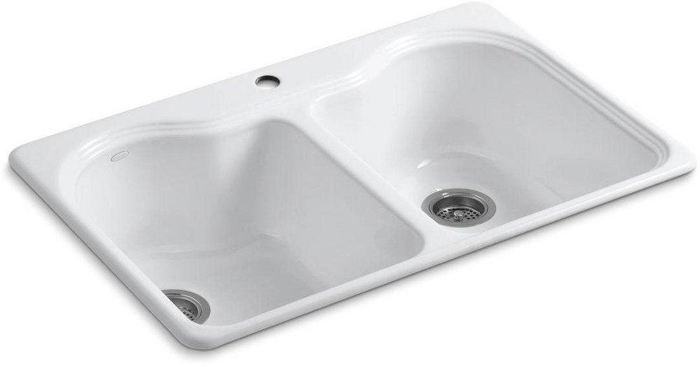 KOHLER White 33 x 22 in. 1 Hole Cast Iron Double Bowl Drop-in Kitchen Sink 