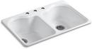 KOHLER White 33 x 22 in. 3 Hole Cast Iron Double Bowl Drop-in Kitchen Sink 