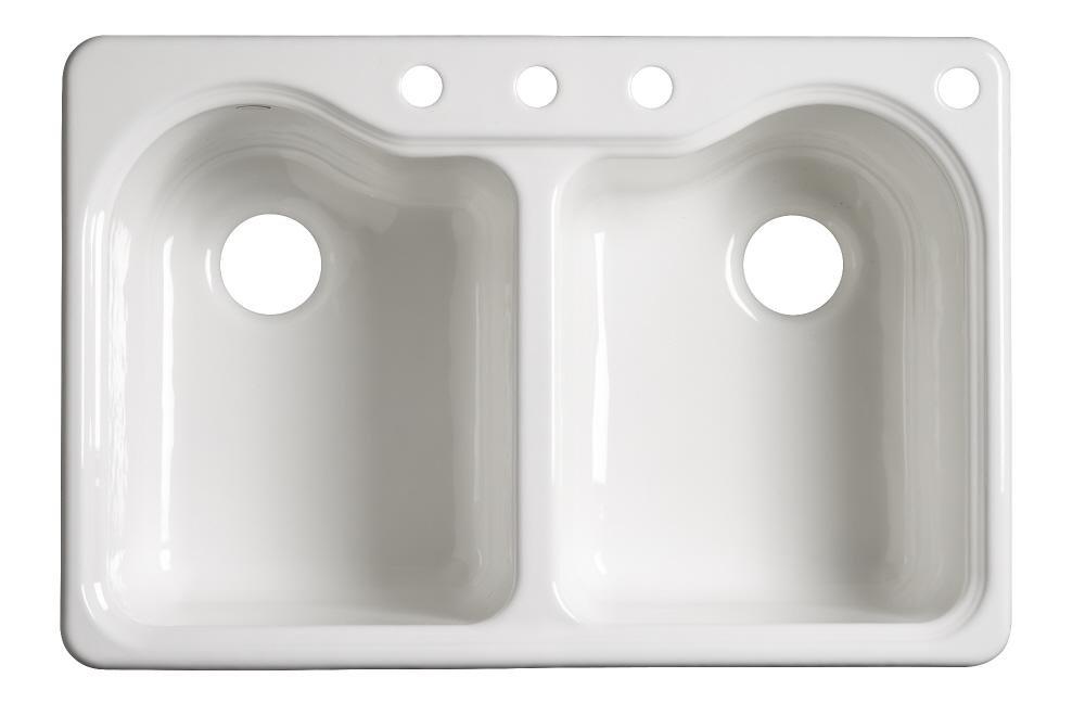 KOHLER White 33 x 22 in. 4 Hole Cast Iron Double Bowl Drop-in Kitchen Sink 