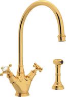 1-Hole Kitchen Mixer Faucet with Double Cross Handle and Sidespray in Inca Brass