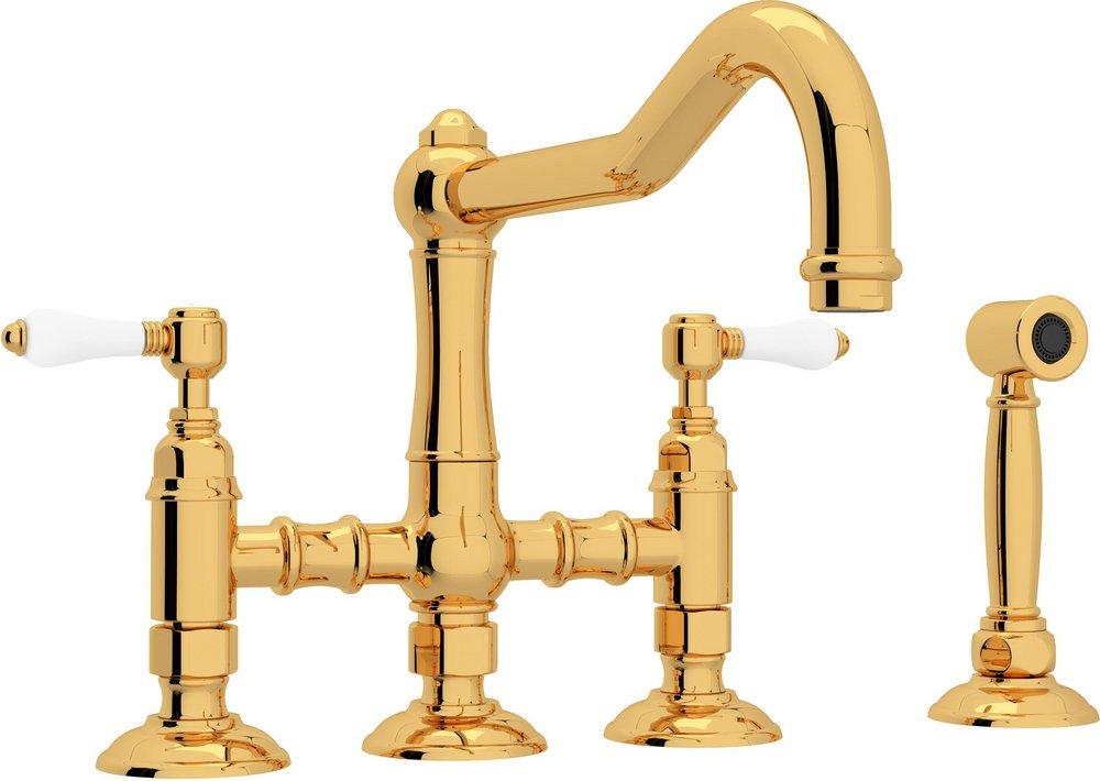 ROHL&reg; Inca Brass 4-Hole Bridge Kitchen Faucet with Double Porcelain Lever Handle and Sidespray 