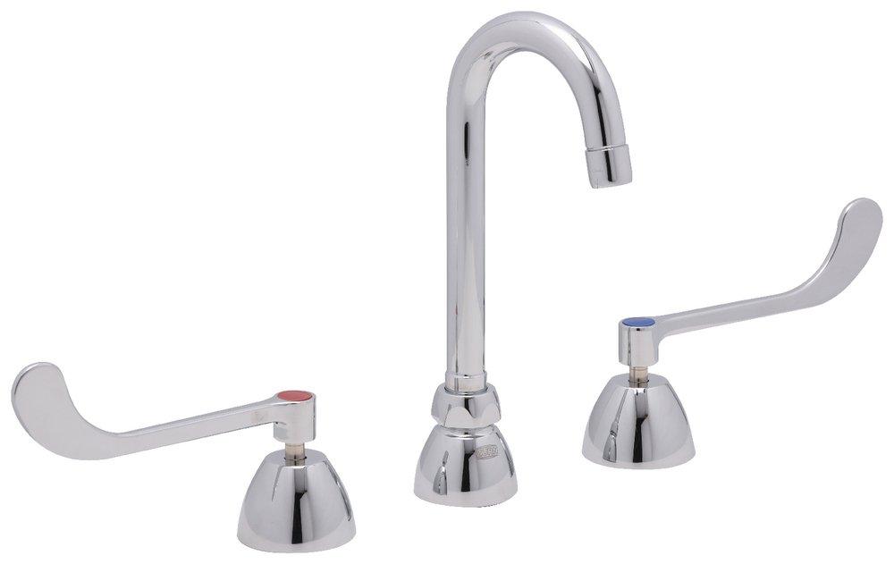 Zurn Polished Chrome 2.2 gpm 3-Hole Deck Mount Widespread Lavatory Faucet with Double Four Arm Handle and Gooseneck Spout 5-3/8 in. Reach 