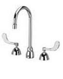 0.5 gpm 3-Hole Deck Mount Widespread Lavatory Faucet with Double Wristblade Handle and Gooseneck Spout 5-3/8 in. Reach in Polished Chrome