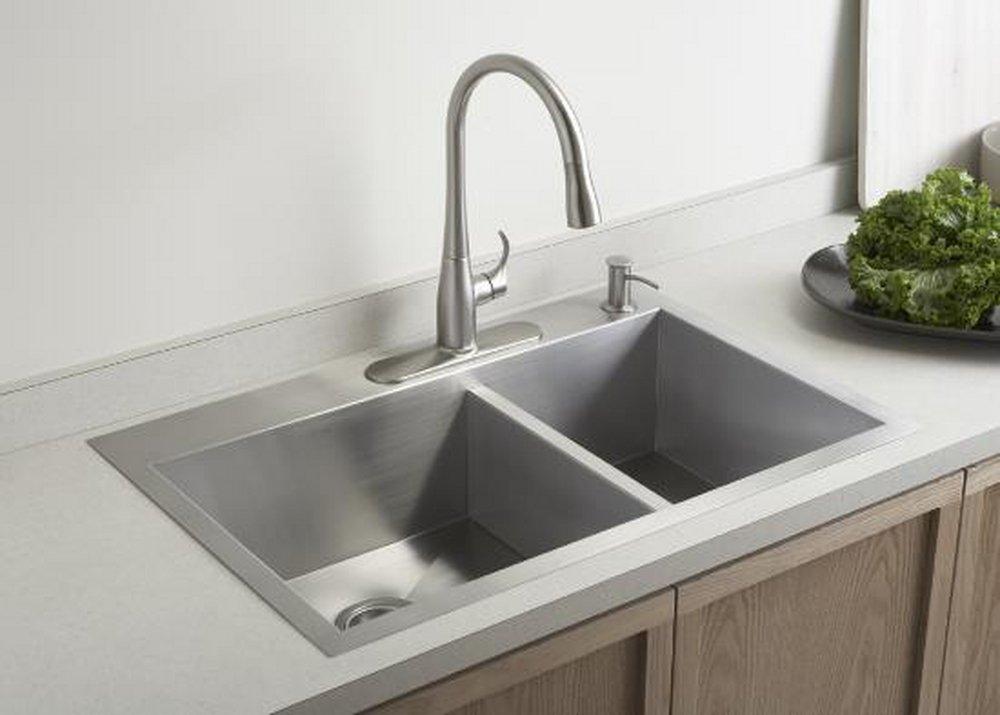 KOHLER Stainless Steel 33 x 22 in. 4 Hole Stainless Steel Double Bowl Dual Mount Kitchen Sink 