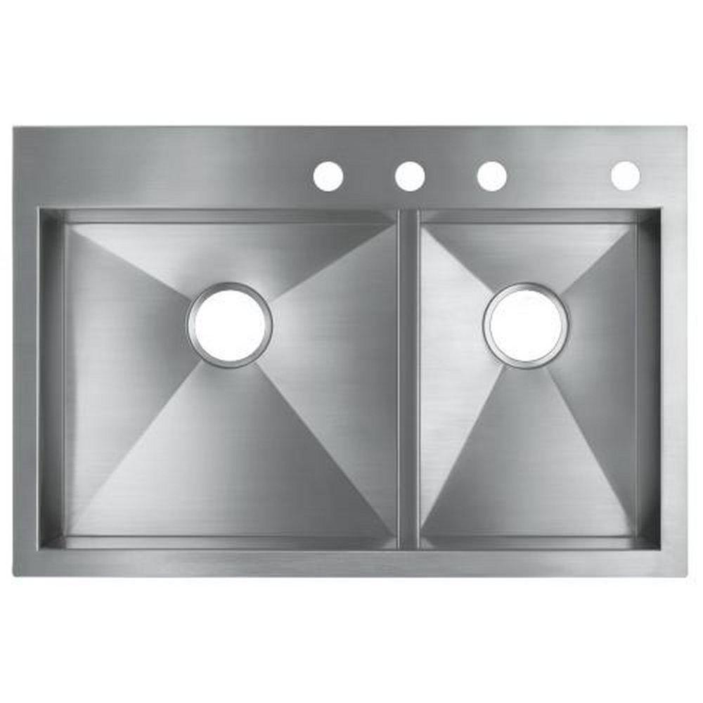 KOHLER Stainless Steel 33 x 22 in. 4 Hole Stainless Steel Double Bowl Dual Mount Kitchen Sink 