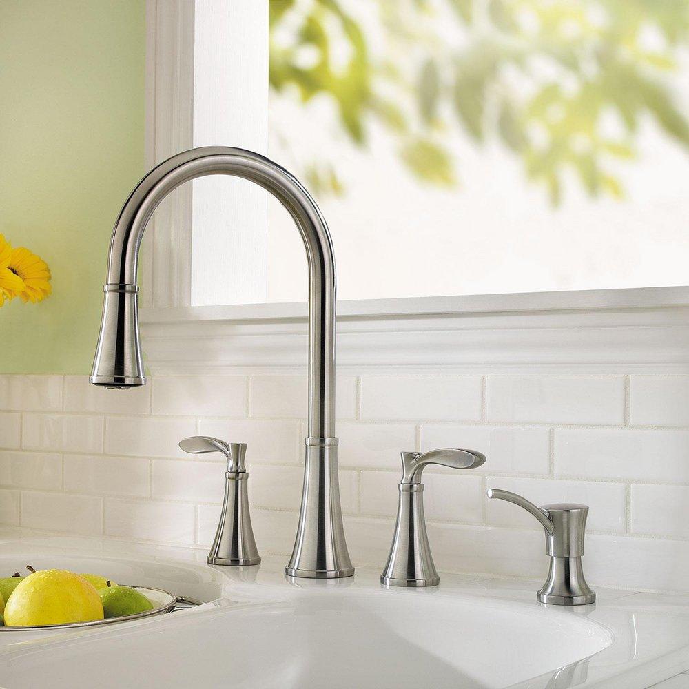 Pfister Stainless Steel 2.2 gpm Double Lever Handle Deckmount Kitchen Sink Faucet 360 Degree Swivel High Arc Pull-Down Spout 