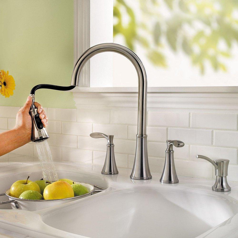 Pfister Stainless Steel 2.2 gpm Double Lever Handle Deckmount Kitchen Sink Faucet 360 Degree Swivel High Arc Pull-Down Spout 