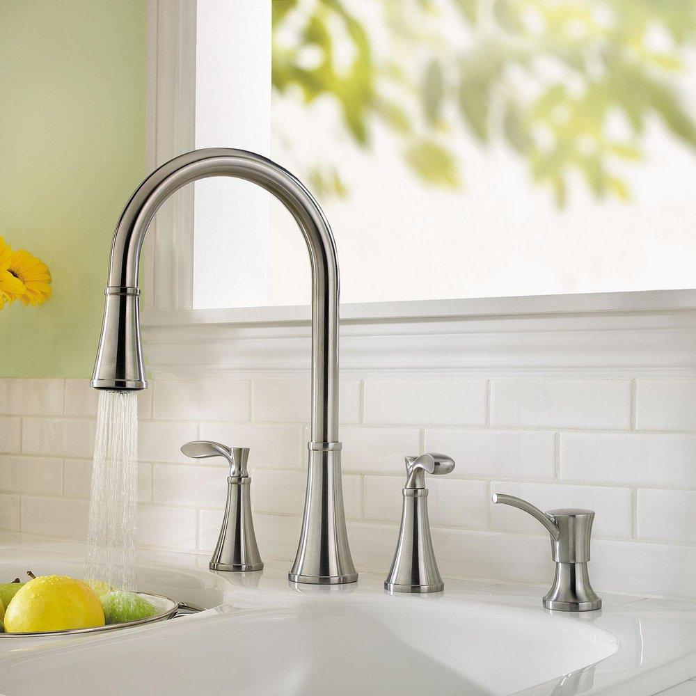 Pfister Stainless Steel 2.2 gpm Double Lever Handle Deckmount Kitchen Sink Faucet 360 Degree Swivel High Arc Pull-Down Spout 