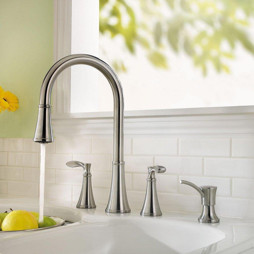 Pfister Stainless Steel 2.2 gpm Double Lever Handle Deckmount Kitchen Sink Faucet 360 Degree Swivel High Arc Pull-Down Spout 