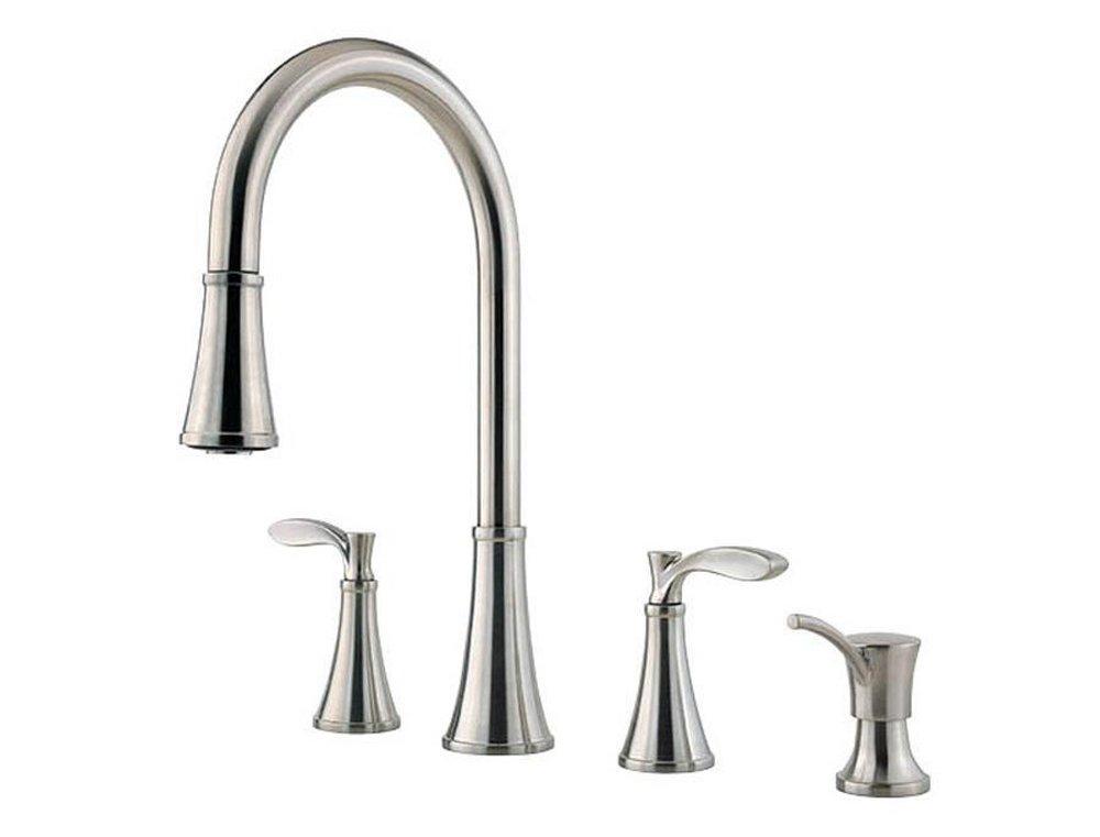 Pfister Stainless Steel 2.2 gpm Double Lever Handle Deckmount Kitchen Sink Faucet 360 Degree Swivel High Arc Pull-Down Spout 