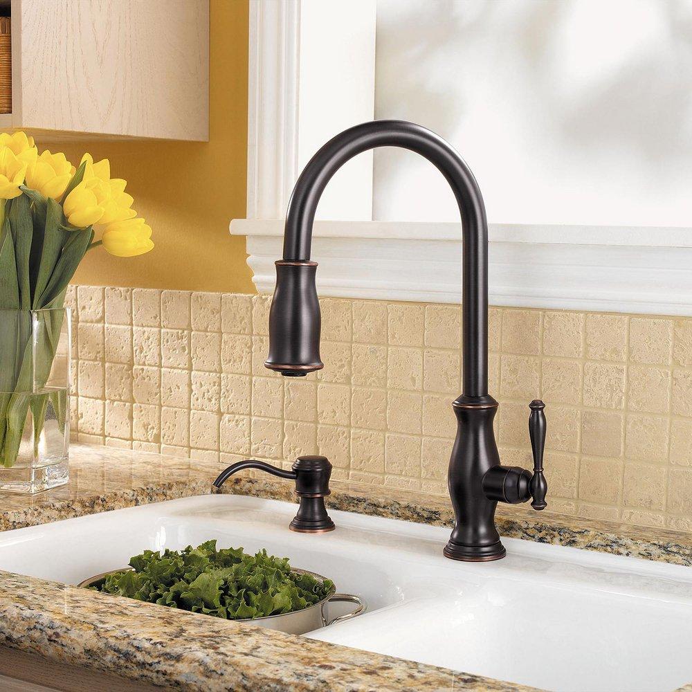 Pfister Tuscan Bronze 2.2 gpm Single Lever Handle Deckmount Kitchen Sink Faucet 360 Degree Swivel High Arc Pull-Down Spout 