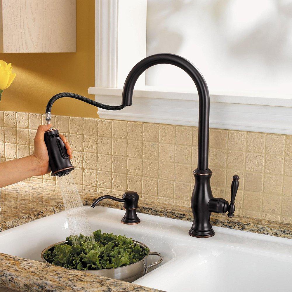 Pfister Tuscan Bronze 2.2 gpm Single Lever Handle Deckmount Kitchen Sink Faucet 360 Degree Swivel High Arc Pull-Down Spout 