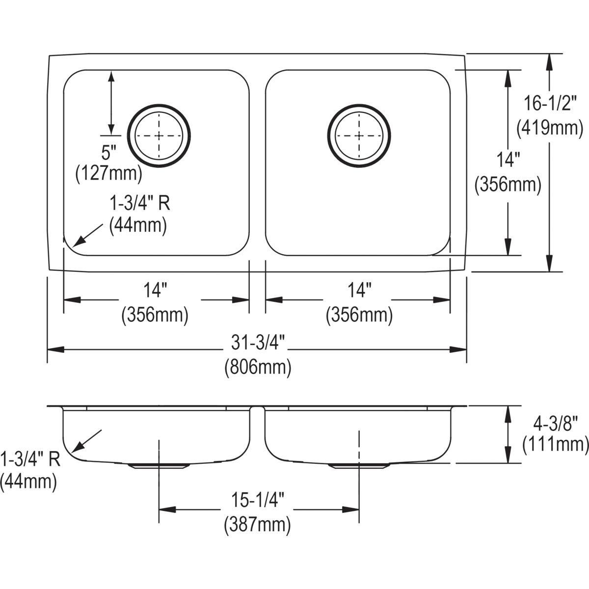 Elkay Lustertone 31-3/4 x 16-1/2 in. No Hole Stainless Steel Double Bowl Undermount Kitchen Sink 