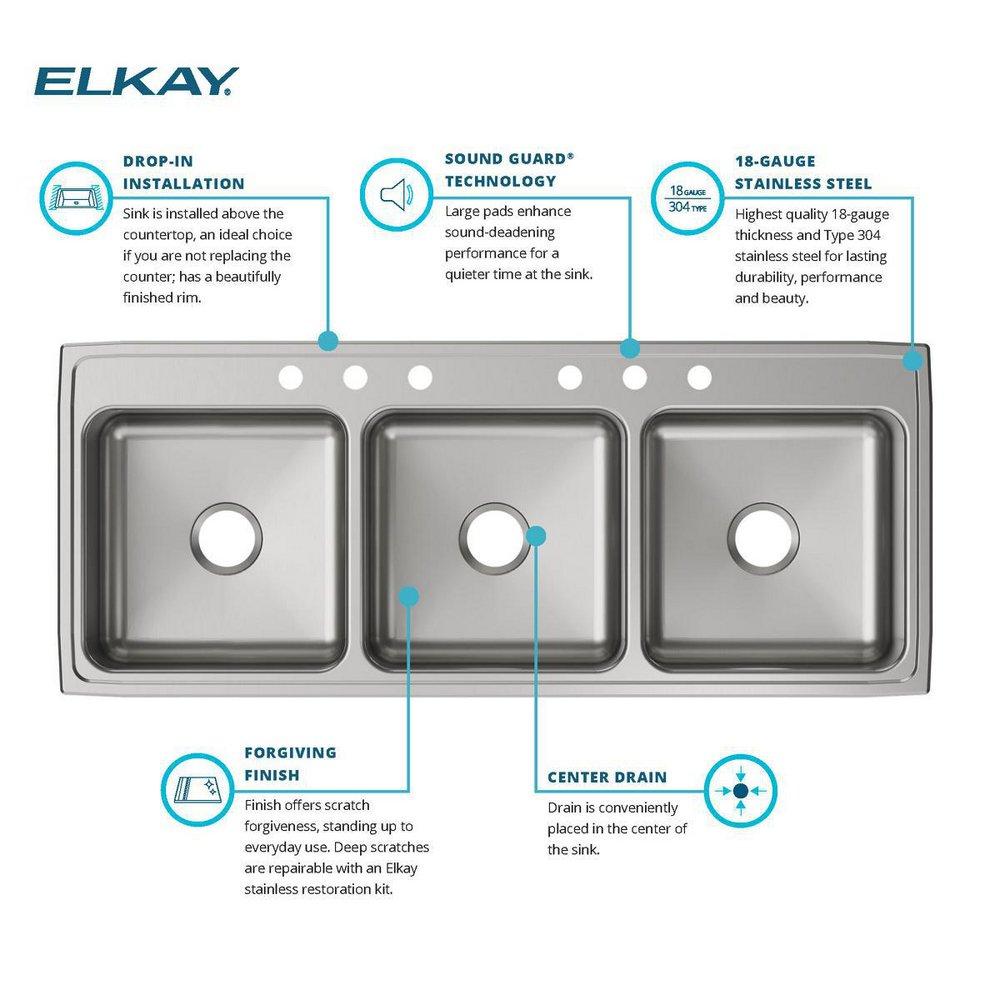 Elkay Lustrous Satin 54 x 22 in. Stainless Steel Triple Bowl Drop-in Kitchen Sink in Lustrous Satin 