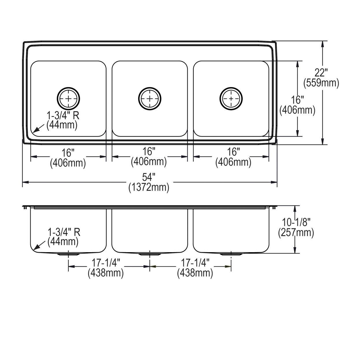 Elkay Lustrous Satin 54 x 22 in. Stainless Steel Triple Bowl Drop-in Kitchen Sink in Lustrous Satin 