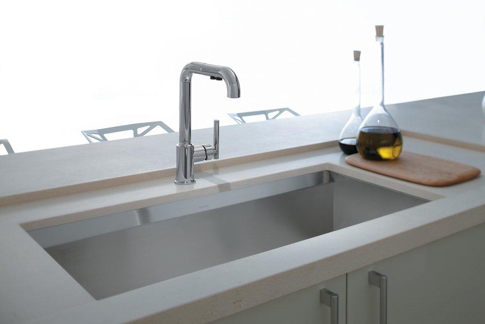 KOHLER Polished Chrome Single Handle Pull Out Kitchen Faucet with Three-Function Spray 