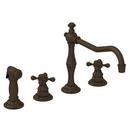 4-Hole Kitchen Faucet with Double Cross Handle and Sidespray in Oil Rubbed Bronze - Hand Relieved