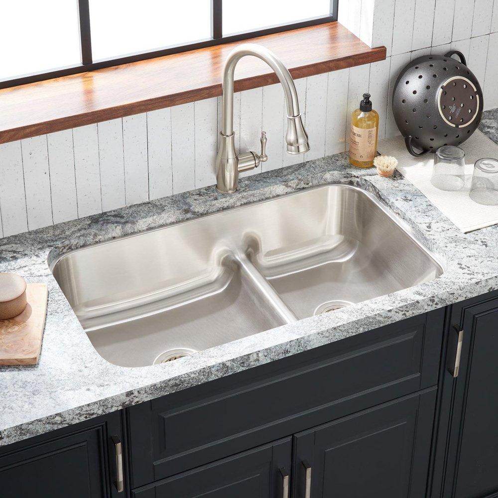 Signature Hardware Brushed Stainless Steel 34 x 21 in. No Hole 60/40 Double Bowl Undermount Kitchen Sink 