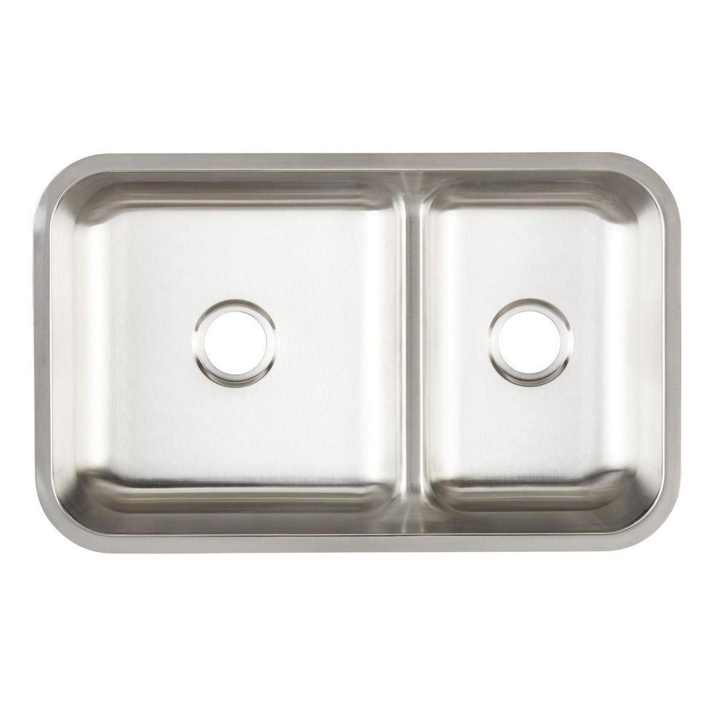 Signature Hardware Brushed Stainless Steel 34 x 21 in. No Hole Stainless Steel Double Bowl Undermount Kitchen Sink 